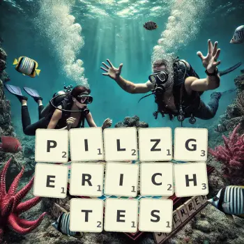 Kreative Illustration für ein Scrabble-Spiel, bei dem das Wort PILZGERICHTES mit Steinen auf dem Brett gelegt wurde.
