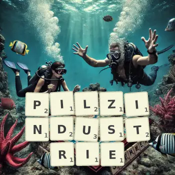 Kreative Illustration für ein Scrabble-Spiel, bei dem das Wort PILZINDUSTRIE mit Steinen auf dem Brett gelegt wurde.