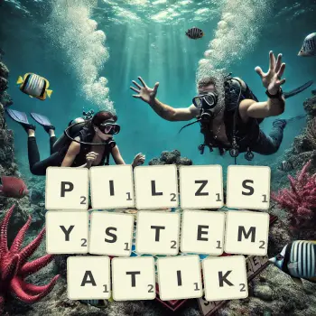 Kreative Illustration für ein Scrabble-Spiel, bei dem das Wort PILZSYSTEMATIK mit Steinen auf dem Brett gelegt wurde.