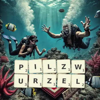 Kreative Illustration für ein Scrabble-Spiel, bei dem das Wort PILZWURZEL mit Steinen auf dem Brett gelegt wurde.