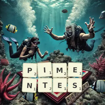 Kreative Illustration für ein Scrabble-Spiel, bei dem das Wort PIMENTES mit Steinen auf dem Brett gelegt wurde.