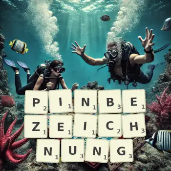 Kreative Illustration für ein Scrabble-Spiel, bei dem das Wort PINBEZEICHNUNG mit Steinen auf dem Brett gelegt wurde.
