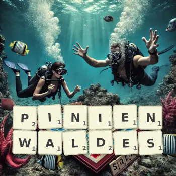 Kreative Illustration für ein Scrabble-Spiel, bei dem das Wort PINIENWALDES mit Steinen auf dem Brett gelegt wurde.