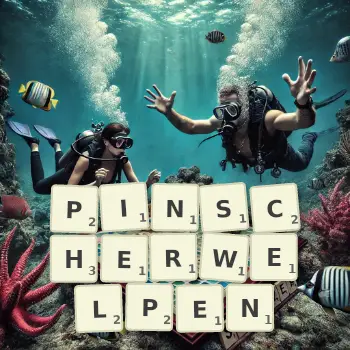 Kreative Illustration für ein Scrabble-Spiel, bei dem das Wort PINSCHERWELPEN mit Steinen auf dem Brett gelegt wurde.