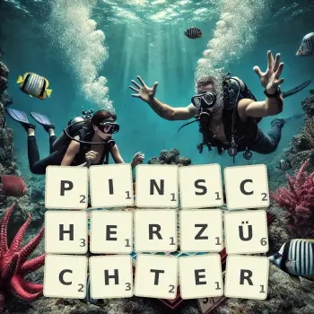 Kreative Illustration für ein Scrabble-Spiel, bei dem das Wort PINSCHERZÜCHTER mit Steinen auf dem Brett gelegt wurde.