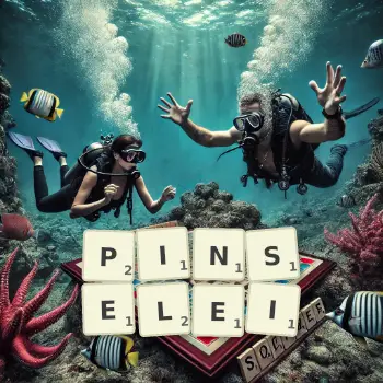 Kreative Illustration für ein Scrabble-Spiel, bei dem das Wort PINSELEI mit Steinen auf dem Brett gelegt wurde.