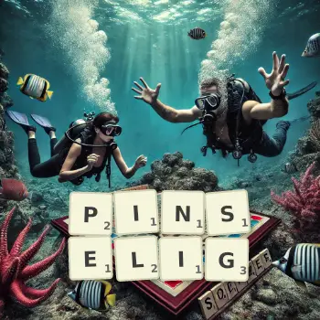 Kreative Illustration für ein Scrabble-Spiel, bei dem das Wort PINSELIG mit Steinen auf dem Brett gelegt wurde.