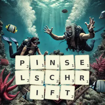 Kreative Illustration für ein Scrabble-Spiel, bei dem das Wort PINSELSCHRIFT mit Steinen auf dem Brett gelegt wurde.