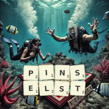 Kreative Illustration für ein Scrabble-Spiel, bei dem das Wort PINSELST mit Steinen auf dem Brett gelegt wurde.