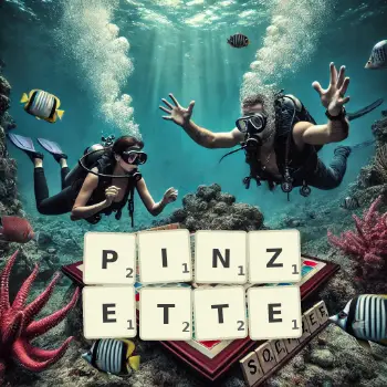 Kreative Illustration für ein Scrabble-Spiel, bei dem das Wort PINZETTE mit Steinen auf dem Brett gelegt wurde.