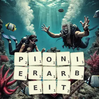 Kreative Illustration für ein Scrabble-Spiel, bei dem das Wort PIONIERARBEIT mit Steinen auf dem Brett gelegt wurde.