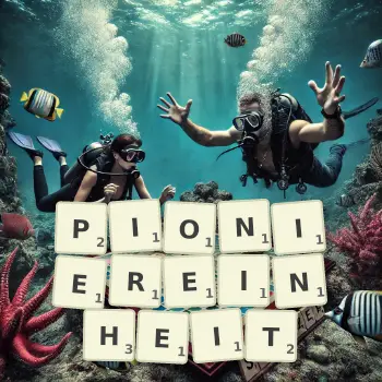 Kreative Illustration für ein Scrabble-Spiel, bei dem das Wort PIONIEREINHEIT mit Steinen auf dem Brett gelegt wurde.