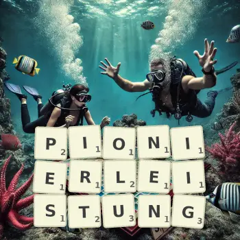 Kreative Illustration für ein Scrabble-Spiel, bei dem das Wort PIONIERLEISTUNG mit Steinen auf dem Brett gelegt wurde.
