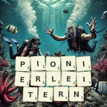 Kreative Illustration für ein Scrabble-Spiel, bei dem das Wort PIONIERLEITERN mit Steinen auf dem Brett gelegt wurde.