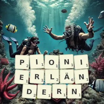 Kreative Illustration für ein Scrabble-Spiel, bei dem das Wort PIONIERLÄNDERN mit Steinen auf dem Brett gelegt wurde.