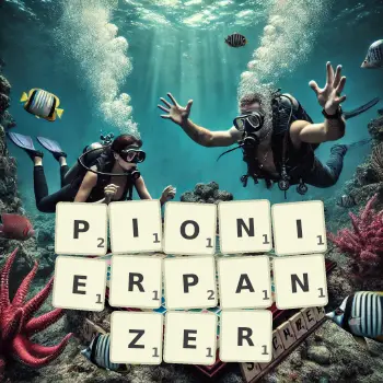 Kreative Illustration für ein Scrabble-Spiel, bei dem das Wort PIONIERPANZER mit Steinen auf dem Brett gelegt wurde.