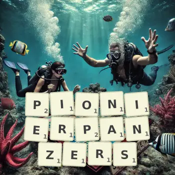 Kreative Illustration für ein Scrabble-Spiel, bei dem das Wort PIONIERPANZERS mit Steinen auf dem Brett gelegt wurde.