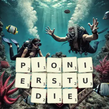 Kreative Illustration für ein Scrabble-Spiel, bei dem das Wort PIONIERSTUDIE mit Steinen auf dem Brett gelegt wurde.