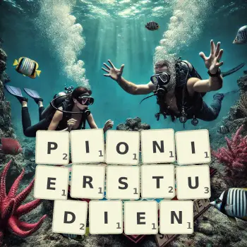 Kreative Illustration für ein Scrabble-Spiel, bei dem das Wort PIONIERSTUDIEN mit Steinen auf dem Brett gelegt wurde.
