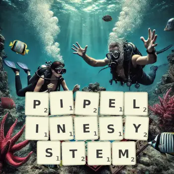 Kreative Illustration für ein Scrabble-Spiel, bei dem das Wort PIPELINESYSTEM mit Steinen auf dem Brett gelegt wurde.
