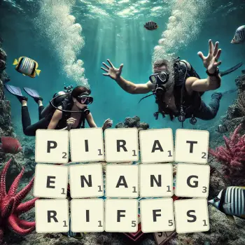 Kreative Illustration für ein Scrabble-Spiel, bei dem das Wort PIRATENANGRIFFS mit Steinen auf dem Brett gelegt wurde.