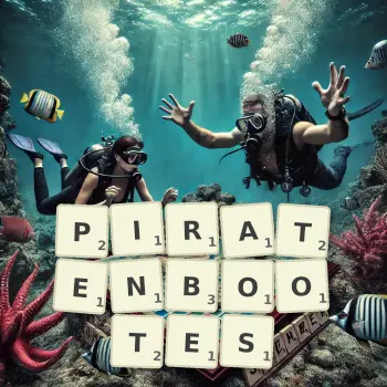 Kreative Illustration für ein Scrabble-Spiel, bei dem das Wort PIRATENBOOTES mit Steinen auf dem Brett gelegt wurde.