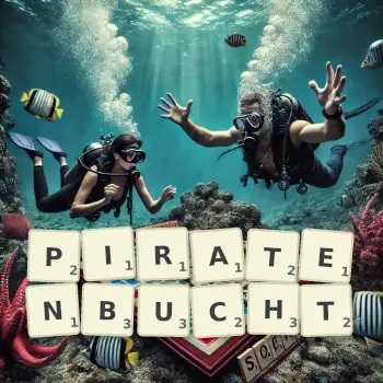 Kreative Illustration für ein Scrabble-Spiel, bei dem das Wort PIRATENBUCHT mit Steinen auf dem Brett gelegt wurde.