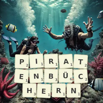 Kreative Illustration für ein Scrabble-Spiel, bei dem das Wort PIRATENBÜCHERN mit Steinen auf dem Brett gelegt wurde.