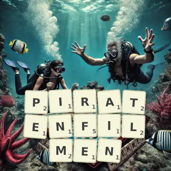 Kreative Illustration für ein Scrabble-Spiel, bei dem das Wort PIRATENFILMEN mit Steinen auf dem Brett gelegt wurde.