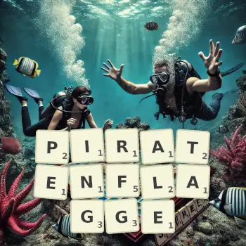 Kreative Illustration für ein Scrabble-Spiel, bei dem das Wort PIRATENFLAGGE mit Steinen auf dem Brett gelegt wurde.