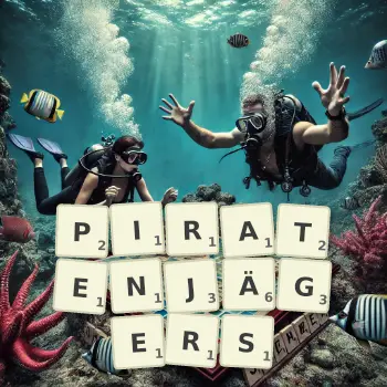 Kreative Illustration für ein Scrabble-Spiel, bei dem das Wort PIRATENJÄGERS mit Steinen auf dem Brett gelegt wurde.