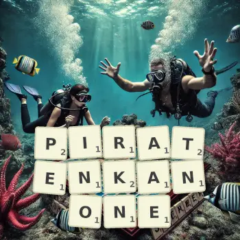 Kreative Illustration für ein Scrabble-Spiel, bei dem das Wort PIRATENKANONE mit Steinen auf dem Brett gelegt wurde.