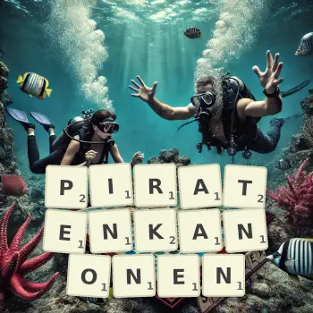 Kreative Illustration für ein Scrabble-Spiel, bei dem das Wort PIRATENKANONEN mit Steinen auf dem Brett gelegt wurde.