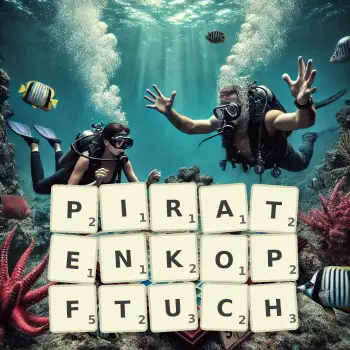 Kreative Illustration für ein Scrabble-Spiel, bei dem das Wort PIRATENKOPFTUCH mit Steinen auf dem Brett gelegt wurde.
