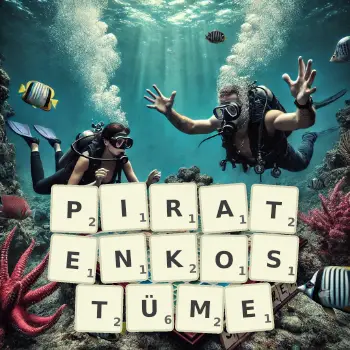 Kreative Illustration für ein Scrabble-Spiel, bei dem das Wort PIRATENKOSTÜME mit Steinen auf dem Brett gelegt wurde.