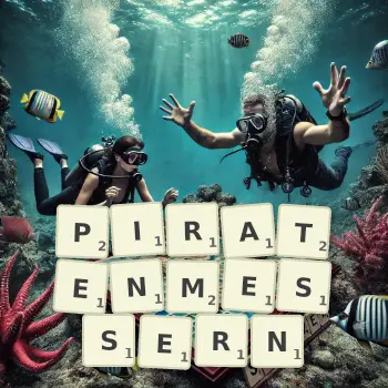 Kreative Illustration für ein Scrabble-Spiel, bei dem das Wort PIRATENMESSERN mit Steinen auf dem Brett gelegt wurde.