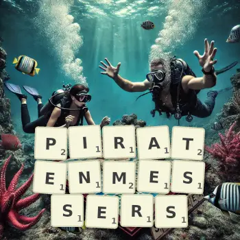 Kreative Illustration für ein Scrabble-Spiel, bei dem das Wort PIRATENMESSERS mit Steinen auf dem Brett gelegt wurde.