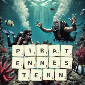Kreative Illustration für ein Scrabble-Spiel, bei dem das Wort PIRATENNESTERN mit Steinen auf dem Brett gelegt wurde.
