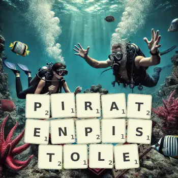 Kreative Illustration für ein Scrabble-Spiel, bei dem das Wort PIRATENPISTOLE mit Steinen auf dem Brett gelegt wurde.