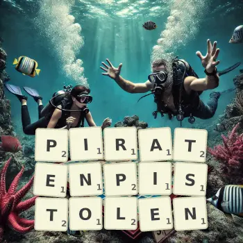 Kreative Illustration für ein Scrabble-Spiel, bei dem das Wort PIRATENPISTOLEN mit Steinen auf dem Brett gelegt wurde.