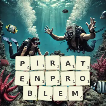 Kreative Illustration für ein Scrabble-Spiel, bei dem das Wort PIRATENPROBLEM mit Steinen auf dem Brett gelegt wurde.