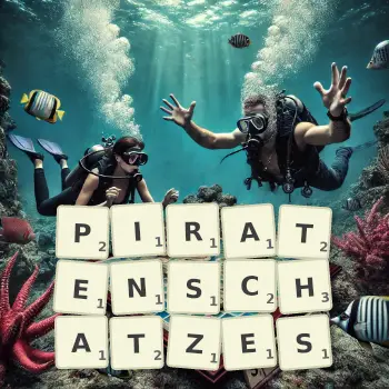 Kreative Illustration für ein Scrabble-Spiel, bei dem das Wort PIRATENSCHATZES mit Steinen auf dem Brett gelegt wurde.