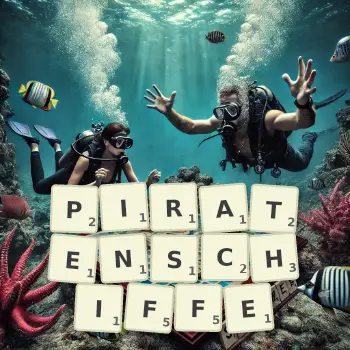 Kreative Illustration für ein Scrabble-Spiel, bei dem das Wort PIRATENSCHIFFE mit Steinen auf dem Brett gelegt wurde.