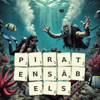 Kreative Illustration für ein Scrabble-Spiel, bei dem das Wort PIRATENSÄBELS mit Steinen auf dem Brett gelegt wurde.