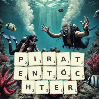 Kreative Illustration für ein Scrabble-Spiel, bei dem das Wort PIRATENTÖCHTER mit Steinen auf dem Brett gelegt wurde.