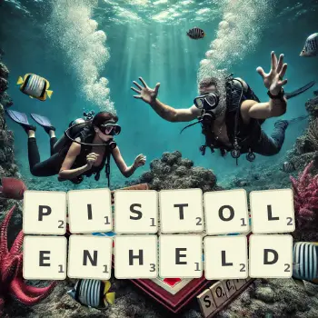 Kreative Illustration für ein Scrabble-Spiel, bei dem das Wort PISTOLENHELD mit Steinen auf dem Brett gelegt wurde.