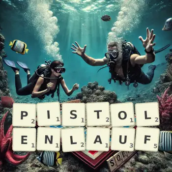 Kreative Illustration für ein Scrabble-Spiel, bei dem das Wort PISTOLENLAUF mit Steinen auf dem Brett gelegt wurde.