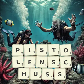 Kreative Illustration für ein Scrabble-Spiel, bei dem das Wort PISTOLENSCHUSS mit Steinen auf dem Brett gelegt wurde.