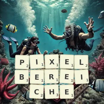 Kreative Illustration für ein Scrabble-Spiel, bei dem das Wort PIXELBEREICHE mit Steinen auf dem Brett gelegt wurde.