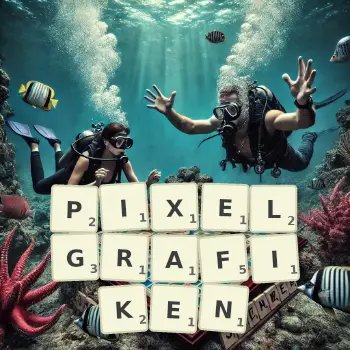 Kreative Illustration für ein Scrabble-Spiel, bei dem das Wort PIXELGRAFIKEN mit Steinen auf dem Brett gelegt wurde.